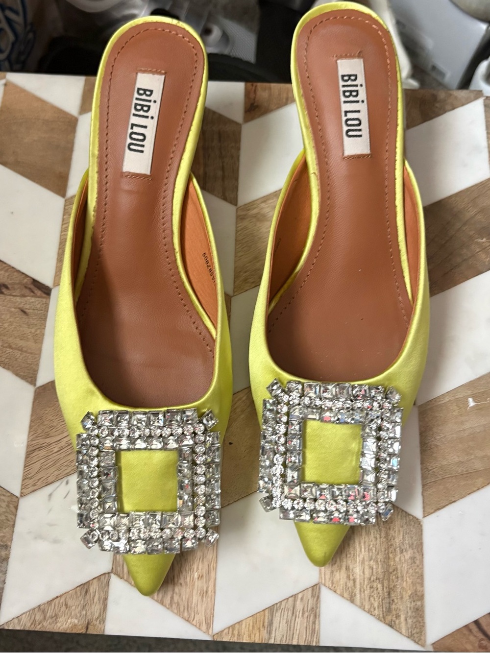 Bibi Lou Chartreuse Satin Pointed Mule with Crystal Square Buckle